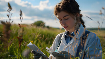 female environmental scientist 30s dedicated in a field with research equipment and natural setting