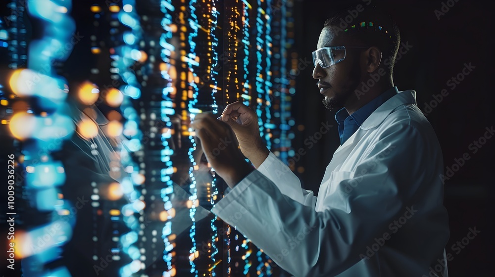 Aufkleber scientist analyzing digital interface with integrated dna data sequences