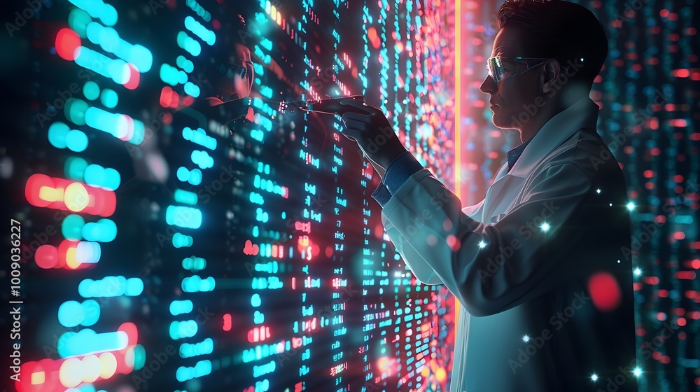 Poster scientist analyzing digital interface of dna sequences converting to code