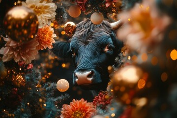 scottish highlander cow in an explosion of flowers christmas style artwork