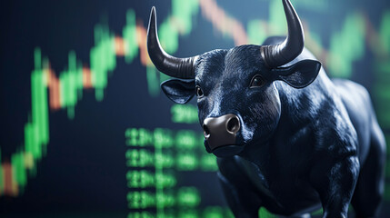 Naklejka premium powerful black bull symbolizes strength and determination in financial market, set against backdrop of rising stock charts. This image captures essence of bullish trends and investment growth