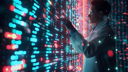 Scientist Analyzing Digital Interface of DNA Sequences Converting to Code