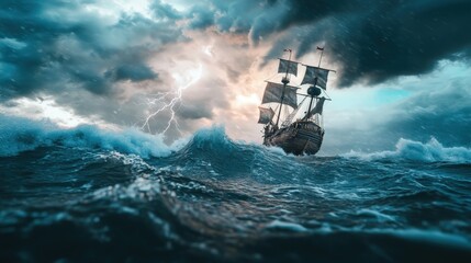 Fototapeta premium Pirate ship sailing through stormy ocean waves during a lightning-filled tempest at sea