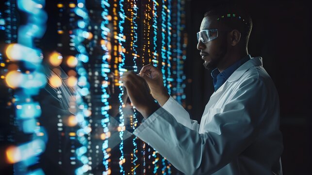 Scientist Analyzing Digital Interface with Integrated DNA Data Sequences