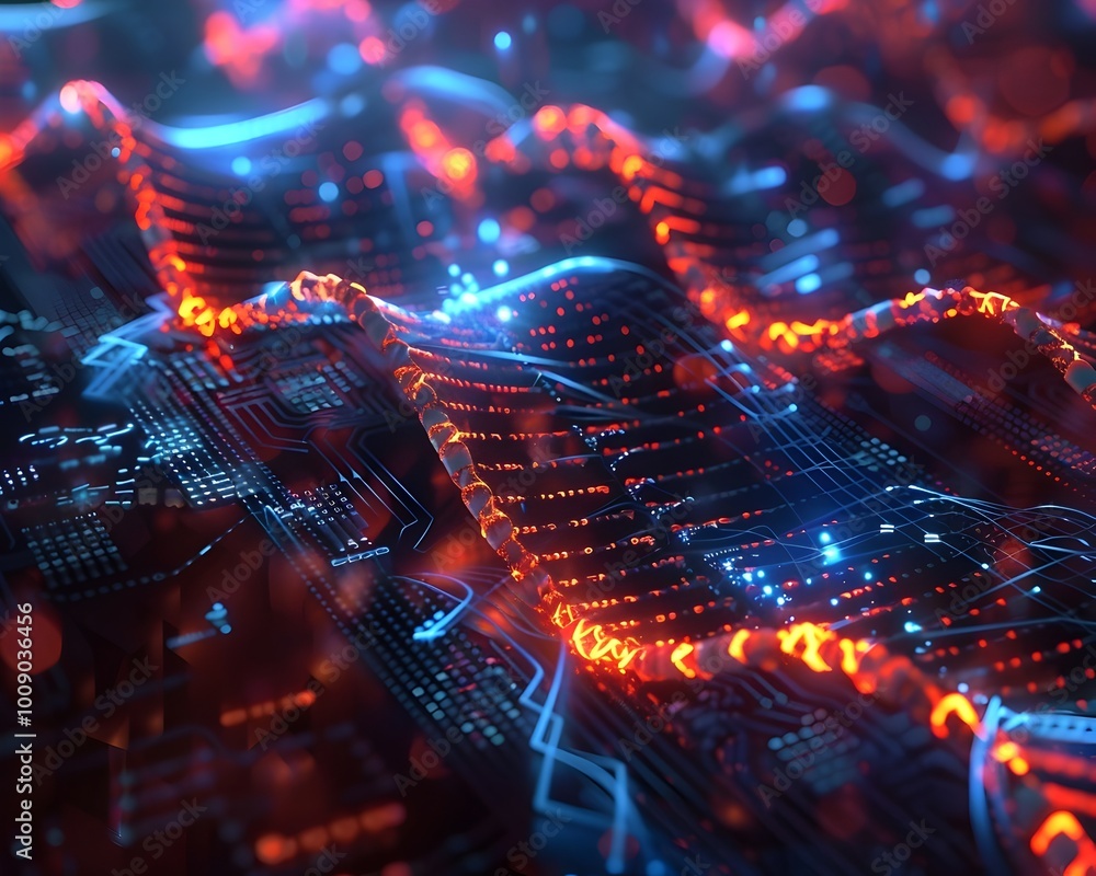 Aufkleber futuristic supercomputer with dna strands transmitting vast amounts of data at high speeds