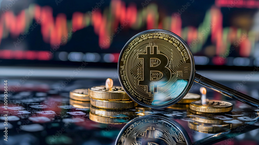 Poster image showcases close up of bitcoin coin with reflective surface, surrounded by additional coins, se