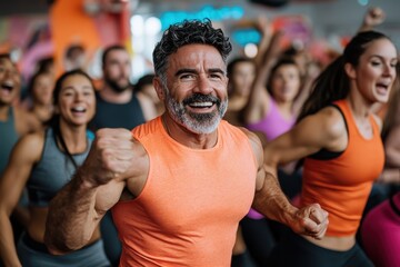 A joyful man in an orange shirt participates energetically in a crowded fitness class, surrounded by people exercising in a vibrant and colorful gym space.