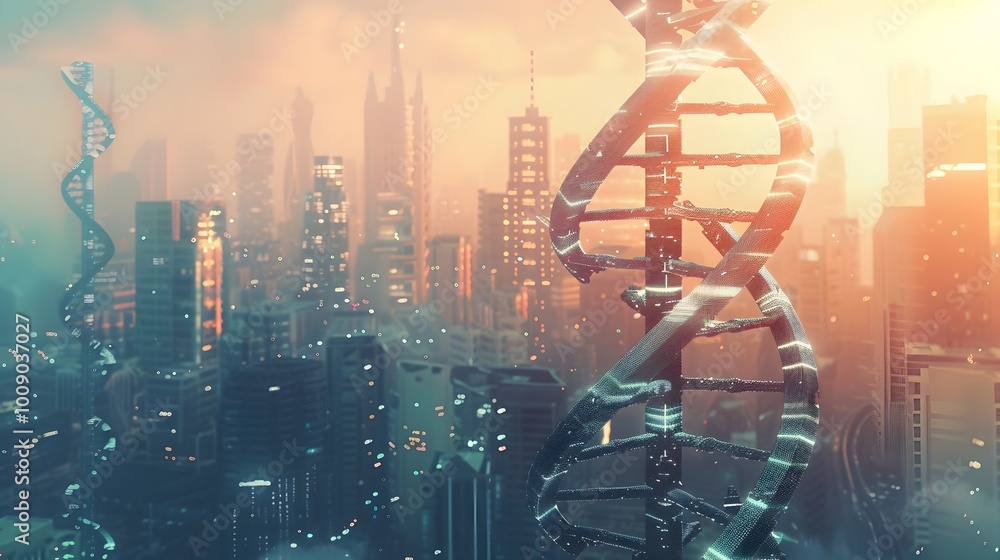 Poster futuristic cityscape with dna inspired architecture symbolizing digital data storage