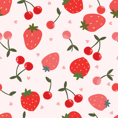 Seamless pattern with sreawberries, cherriws and hearts. Vector illustration for wrapping paper, fabric, walpaper.