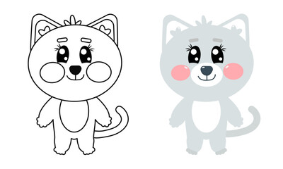 Obraz premium Cute kawaii doodle drawing of cat full height. Coloring page illustration for kids. Kitten flat animal in line drawing style. Vector outline for printable children's and adults coloring page or book
