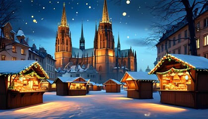 Fototapeta premium A picturesque winter scene featuring illuminated market stalls in the foreground and a stunning cathedral backdrop under a starlit sky.