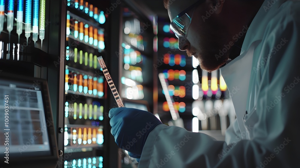 Poster researcher encoding digital photos into dna strands in high tech lab using dna sequencer