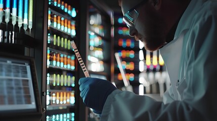 Researcher Encoding Digital Photos into DNA Strands in High Tech Lab Using DNA Sequencer