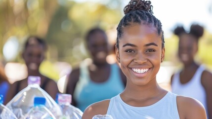 Smiling woman stands with friends in an outdoor recycling drive. Promotes community engagement and environmental awareness.