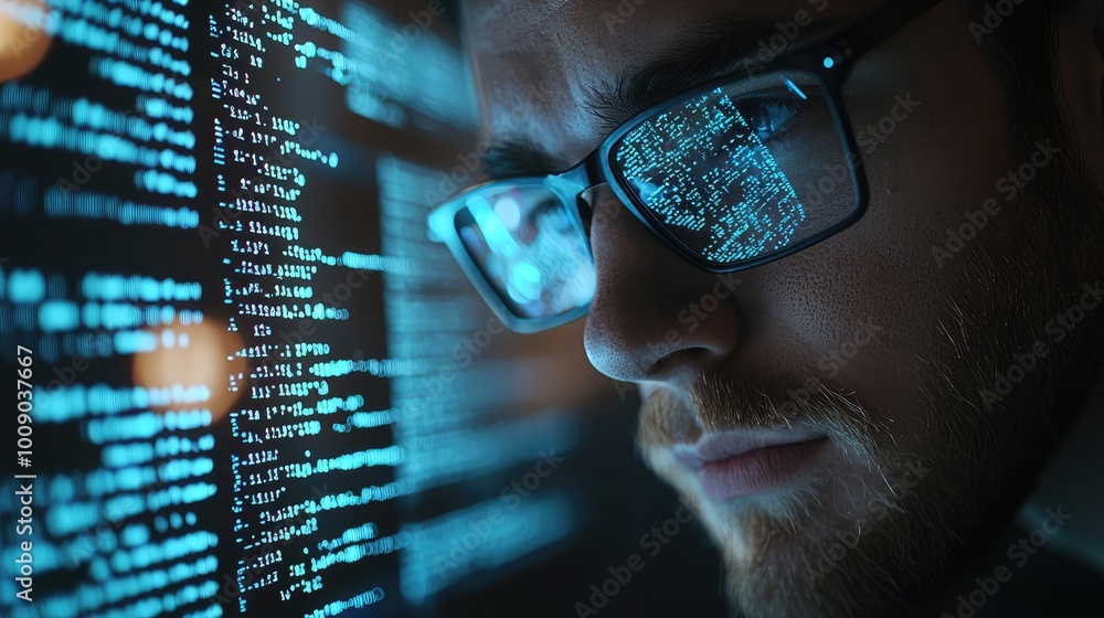 Wall mural a focused developer examines code on a digital screen, captured in a high-tech work environment, emp