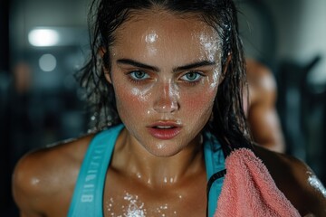 A woman with wet hair and intense eyes focuses ahead during a rigorous gym workout, blue activewear tight against her skin, displaying athletic determination.