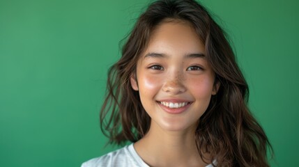 An Asian teenage girl, between 18 and 25 years old, with a smiley and youthful face, makes a joyful gesture while posing. Her vibrant expression is highlighted against a green screen background.