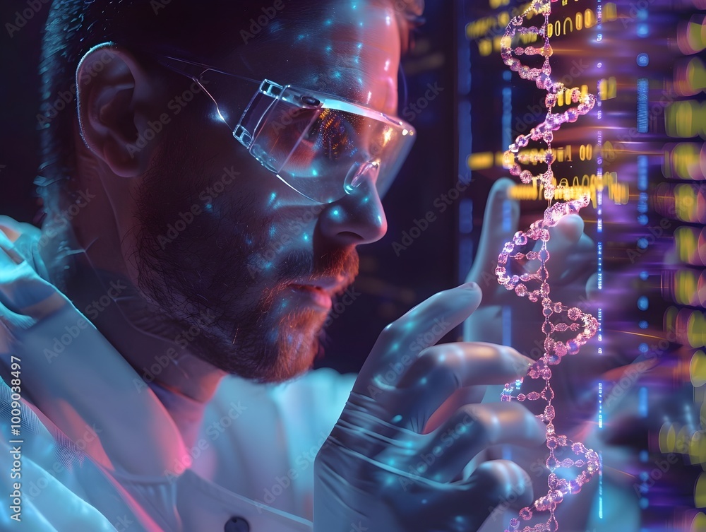 Poster biotechnologist programming glowing dna chip for digital data storage and processing