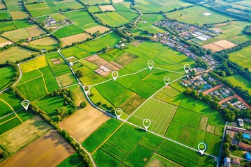 Fototapeta premium A beautiful aerial view of farmland with GPS markers indicating specific locations, Drone Photography of Farmland Patchwork Pattern