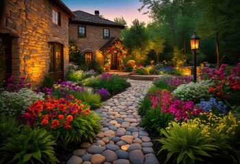 Fototapeta premium stunning outdoor spaces featuring lush vibrant artistic pathways creating inviting natural retreats, architecture, design, vegetation, garden, landscape