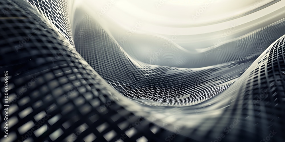 Poster abstract background with a grid and abstract metallic structures, monochrome tones, futuristic style
