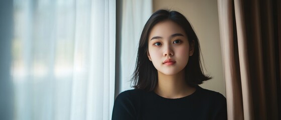 A young woman gazes thoughtfully out a window, illuminated by soft, natural light, creating a serene and introspective atmosphere.