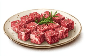 Premium cubes of marbled beef displayed on a plate, garnished with rosemary, ideal for gourmet cooking and culinary presentations, white background