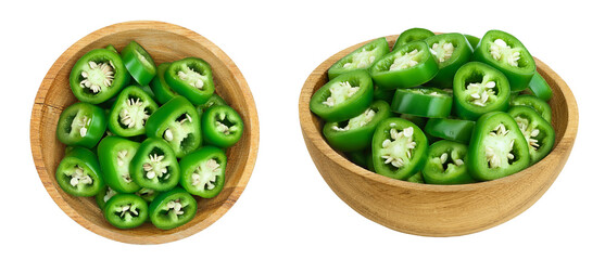 sliced jalapeno pepper in wooden bowl isolated on white background. Green chili pepper . Top view. Flat lay