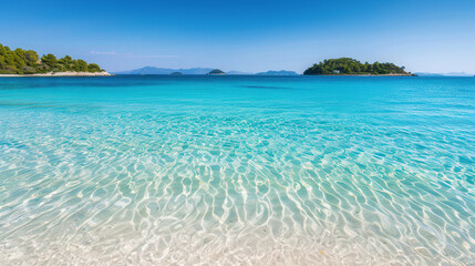 Fototapeta premium Serene Coastal Escape, a tranquil seascape featuring a pristine beach with crystal-clear waters, distant lush islands, inviting relaxation and natural beauty.