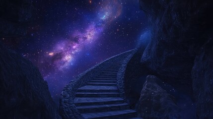 A stone spiral staircase twists endlessly upward into a night sky filled with vibrant galaxies, glowing softly in the cosmic expanse.