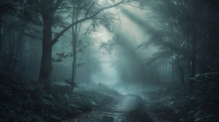 Fototapeta premium A misty forest path illuminated by soft sunlight filtering through the fog, creating a magical and tranquil atmosphere