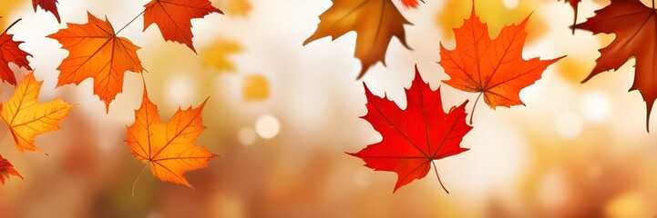 Fototapeta premium A burst of orange and red autumn leaves illuminated by bright light, creating a warm, dreamy bokeh effect. 