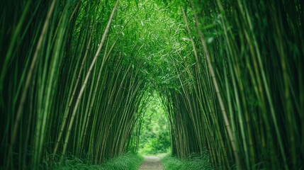 Fototapeta premium Bamboo Grove Pathway, a vibrant passage through dense bamboo, leading to a blurred jungle backdrop, inviting exploration of lush greenery and exotic flora.