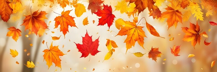 Obraz premium A burst of orange and red autumn leaves illuminated by bright light, creating a warm, dreamy bokeh effect. 