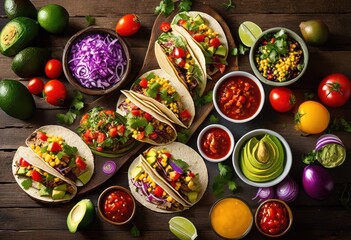 Fototapeta premium vibrant taco spread featuring colorful ingredients textures exquisite culinary delight, salsa, guacamole, lettuce, cheese, onion, pepper, tomato, tortilla