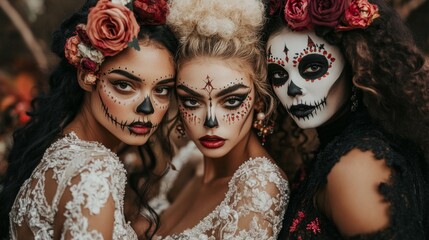 Fototapeta premium Vibrant Dia de los Muertos Celebration with Intricate Sugar Skull Makeup and Floral Crowns