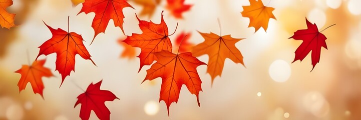 Obraz premium A burst of orange and red autumn leaves illuminated by bright light, creating a warm, dreamy bokeh effect. 