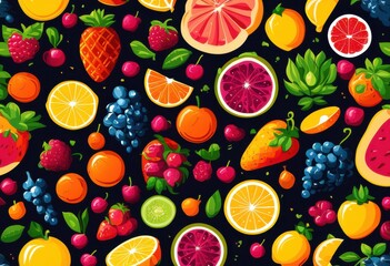 vibrant colorful food icons displayed textured backgrounds featuring desserts eye catching design, apple, banana, cherry, kiwi, mango, orange, pineapple