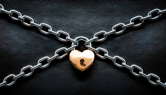 Heart-shaped gold padlock with chains on black leather texture background, love, bondage, and restriction, elegant sexy BDSM kink theme, conveying mystery, passion, chastity, intimacy in fetish theme