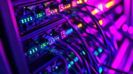 Data center with rows of glowing servers and fiber optic cables
