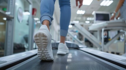 A patient walking on a treadmill in a clinic while a specialist observes, showcasing a gait analysis for flat feet diagnosis.