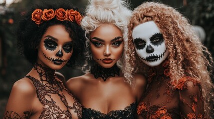 Fototapeta premium Elegant and Spooky Dia de los Muertos Makeup with Floral Decorations and Skeleton Faces