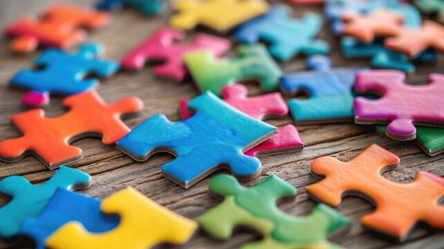 brightly colored puzzle pieces scattered on wooden surface,National Puzzle Day - Powered by Adobe