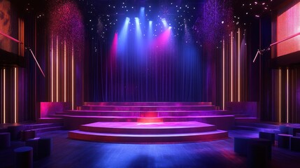A stage with purple and blue spotlights illuminating a circular platform