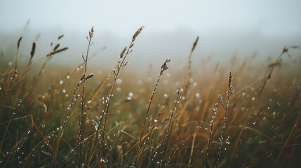 Fototapeta premium A serene misty morning scene showcasing dew-kissed grass blades in a tranquil field, perfect for nature-themed projects.