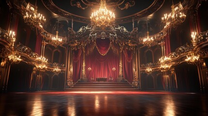 Ornate Ballroom with Red Curtains and Golden Chandeliers