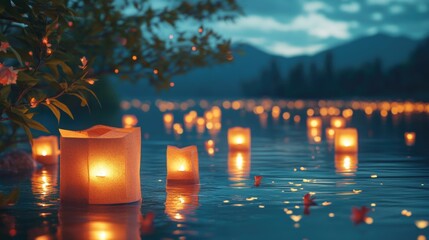 Obraz premium Mystical Night Scene with Floating Lanterns