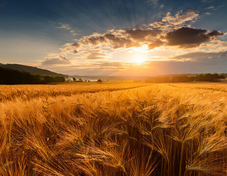 Campo cosecha de cereales dorados al atardecer con cielo dram&aacute;tico y luz c&aacute;lida, paisaje rural inspirador que transmite paz, abundancia y conexi&oacute;n con la naturaleza