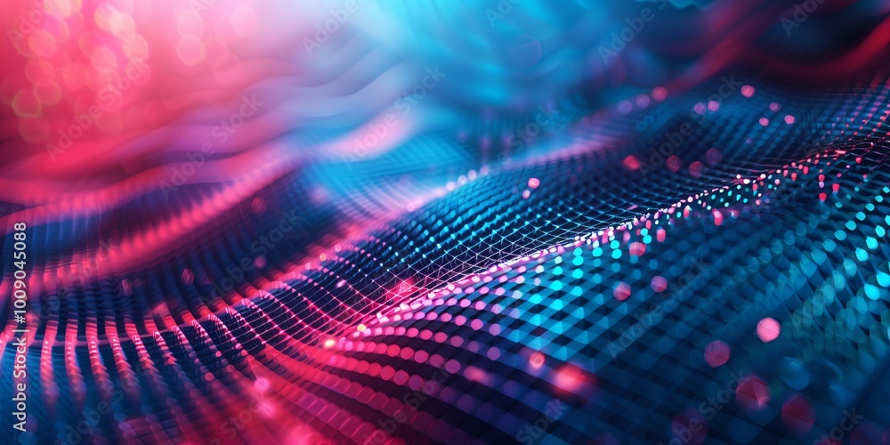 Poster abstract background with a grid and polygonal patterns in bright blue and red tones.