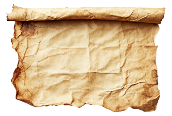 Crumpled and stained old brown paper sheet, isolated on transparent cutout background